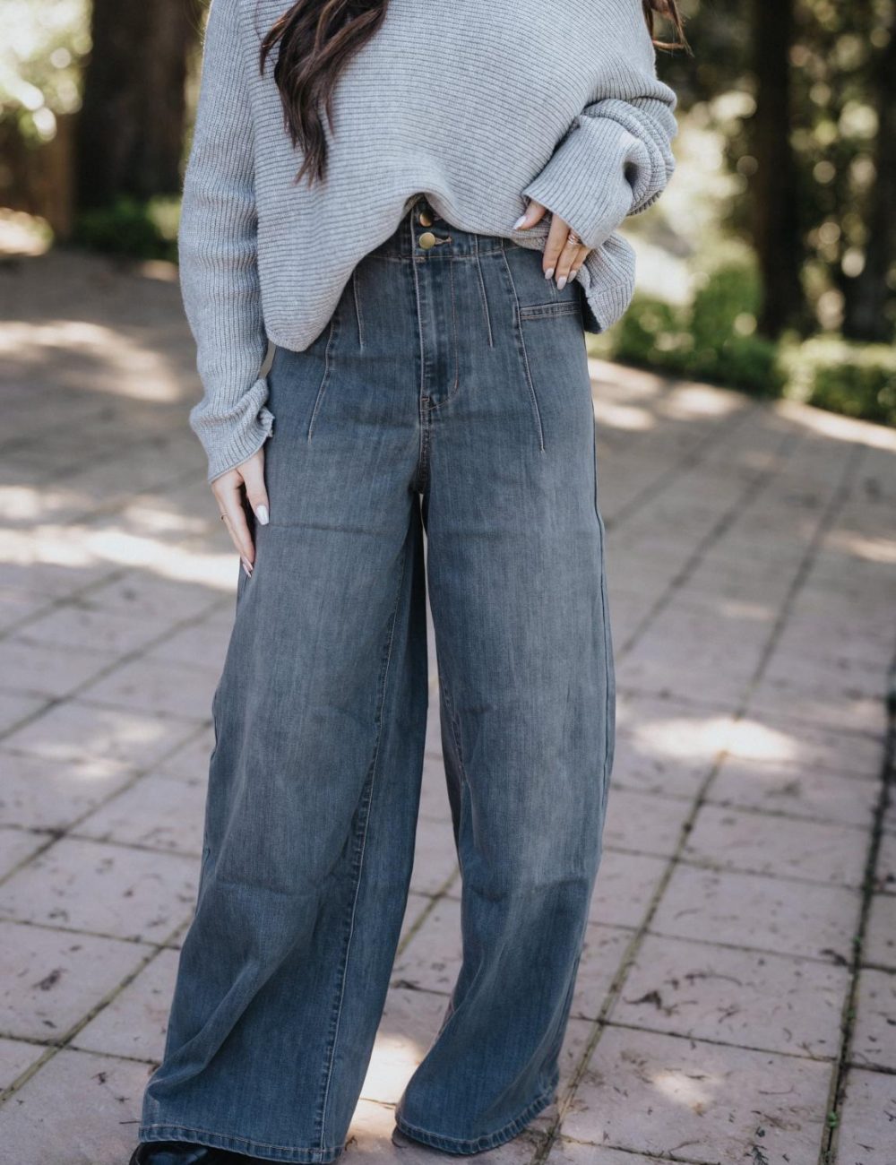 Wide Leg Washed Stretch Denim Pants - Image 4