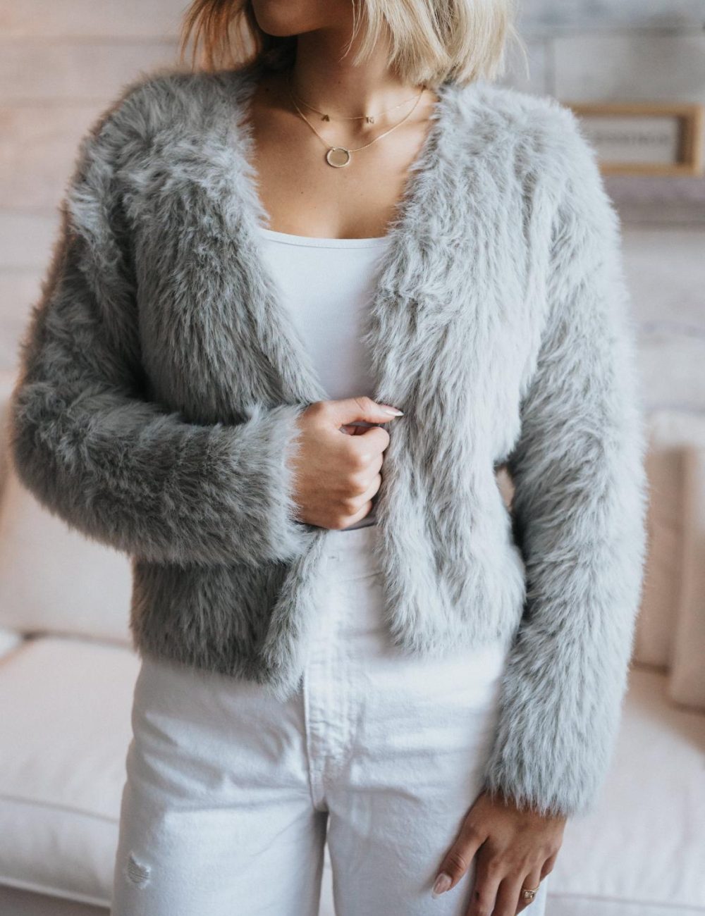 Fuzzy Light Grey Open Sweater - Image 3