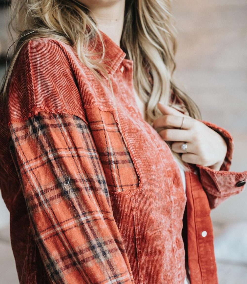 Red Mix Distressed Corduroy Buttondown - Image 2