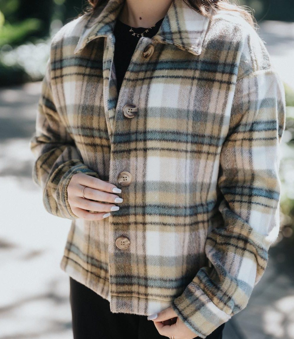 Taupe Plaid Printed Jacket / Pistachio - Image 3