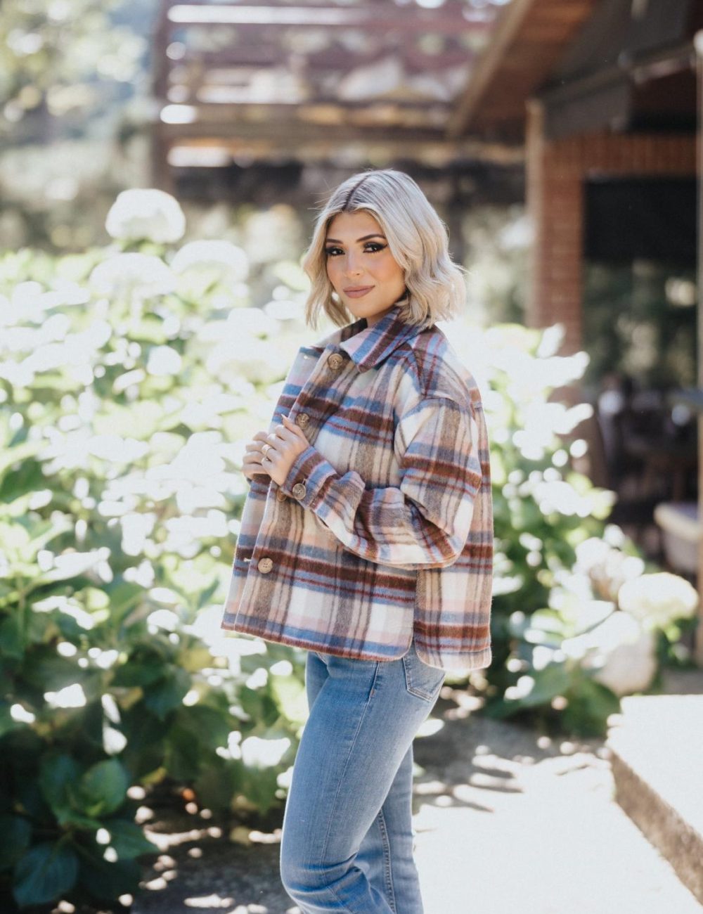 Taupe Plaid Printed Jacket / Ivory