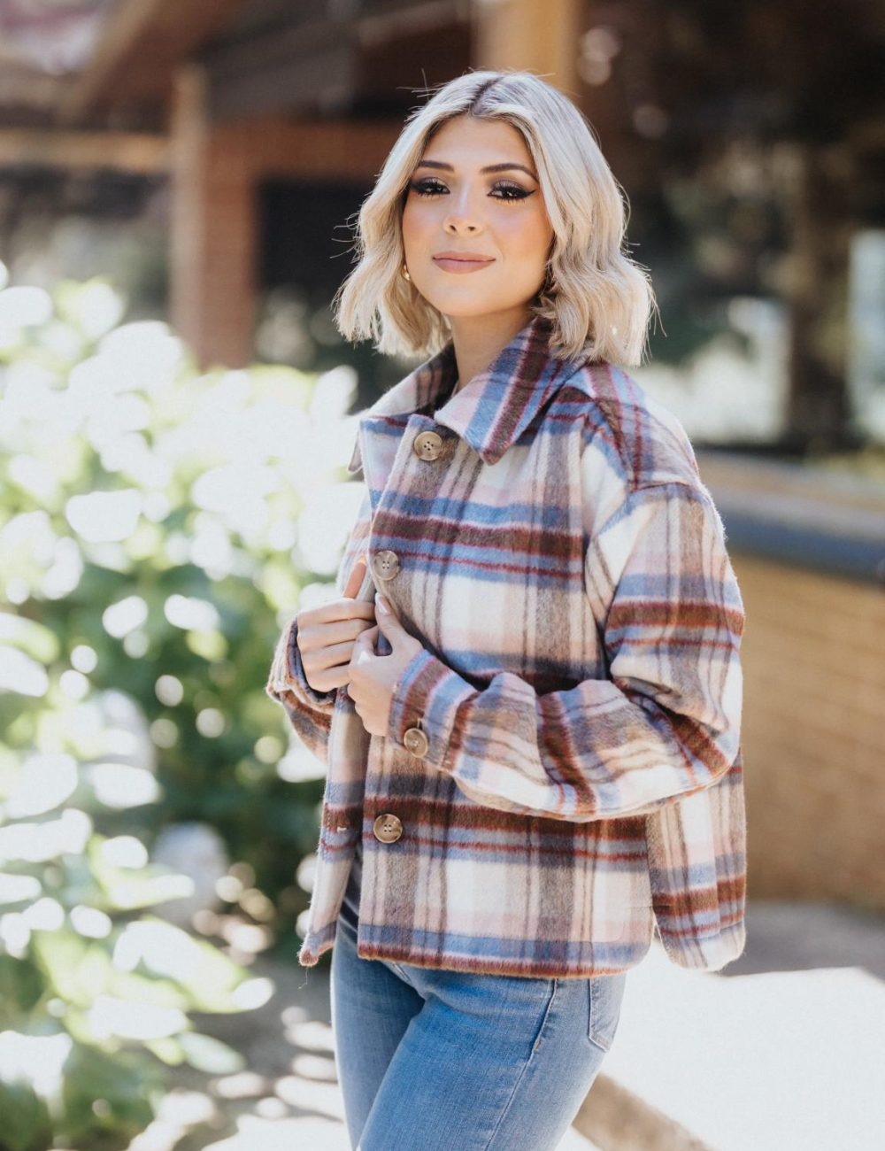 Taupe Plaid Printed Jacket / Ivory - Image 3